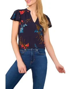 V-neck Shirred Neck Flutter Sleeve Blouse