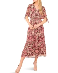 V-neck Tie Sleeve Smocked Waist Midi Dress