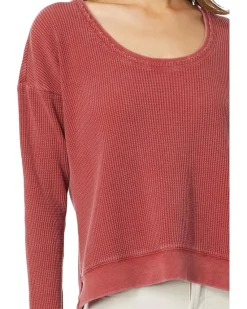 Washed Waffle Long Sleeve Open Neck Top