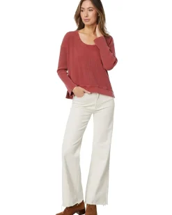 Washed Waffle Long Sleeve Open Neck Top