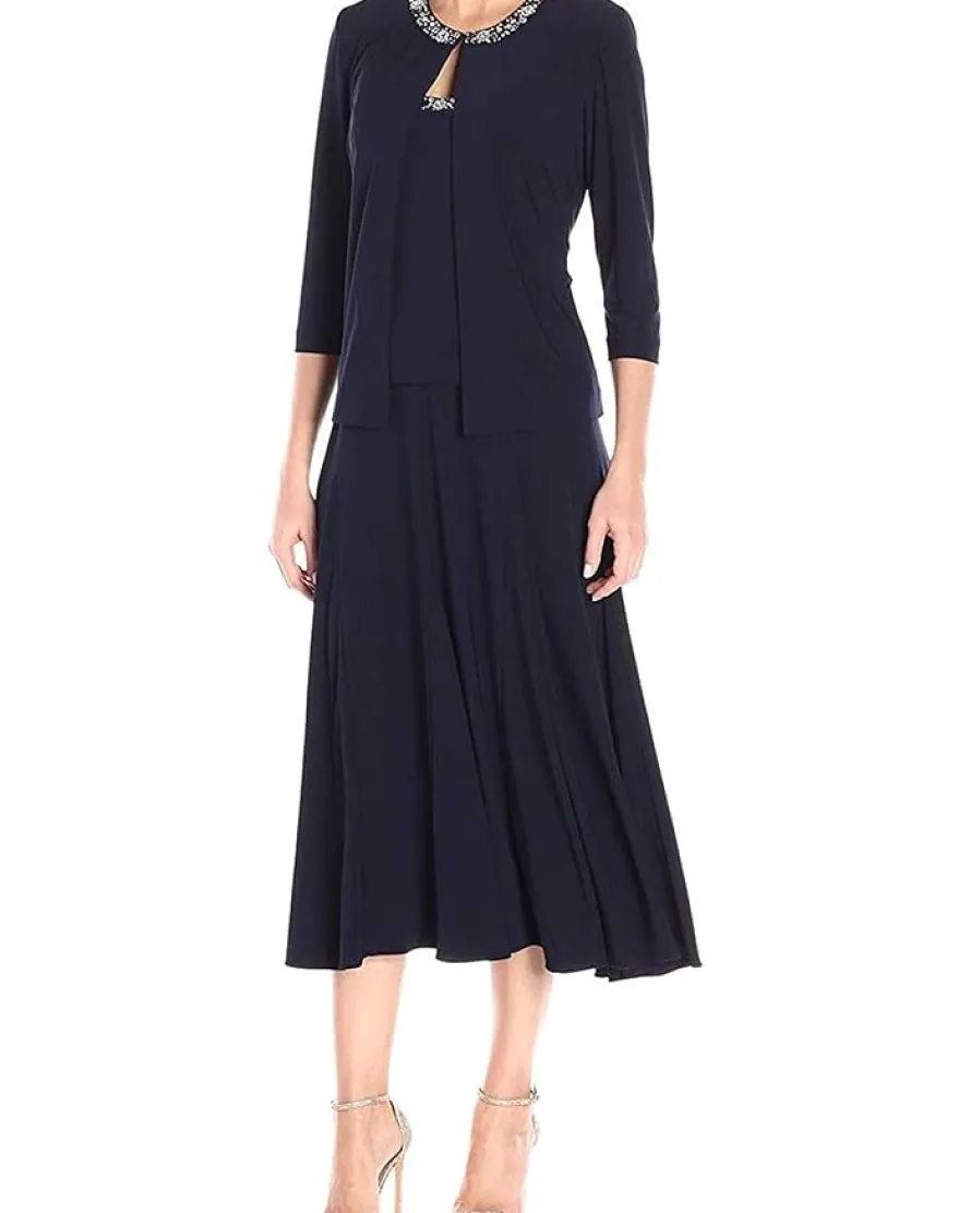 Women's 2 Piece Tea Length Jacket Dress with Sequin Beaded Trim